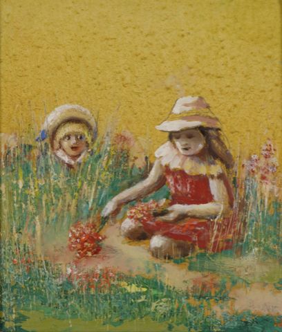 2 Children With Hats In A Field 7x7.5 - Oil on Canvas - 1982