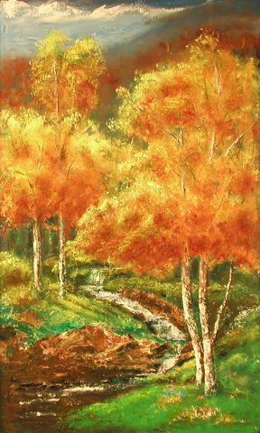 Fall Scene - With Golden Trees 22x36 - Oil on Canvas